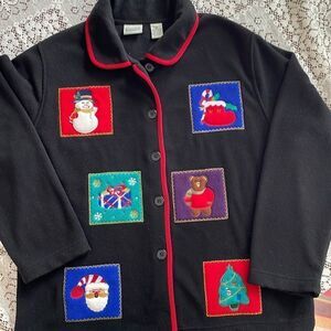 Ugly Christmas Sweater Medium Fleece Black Long Sleeves Santa Snowman